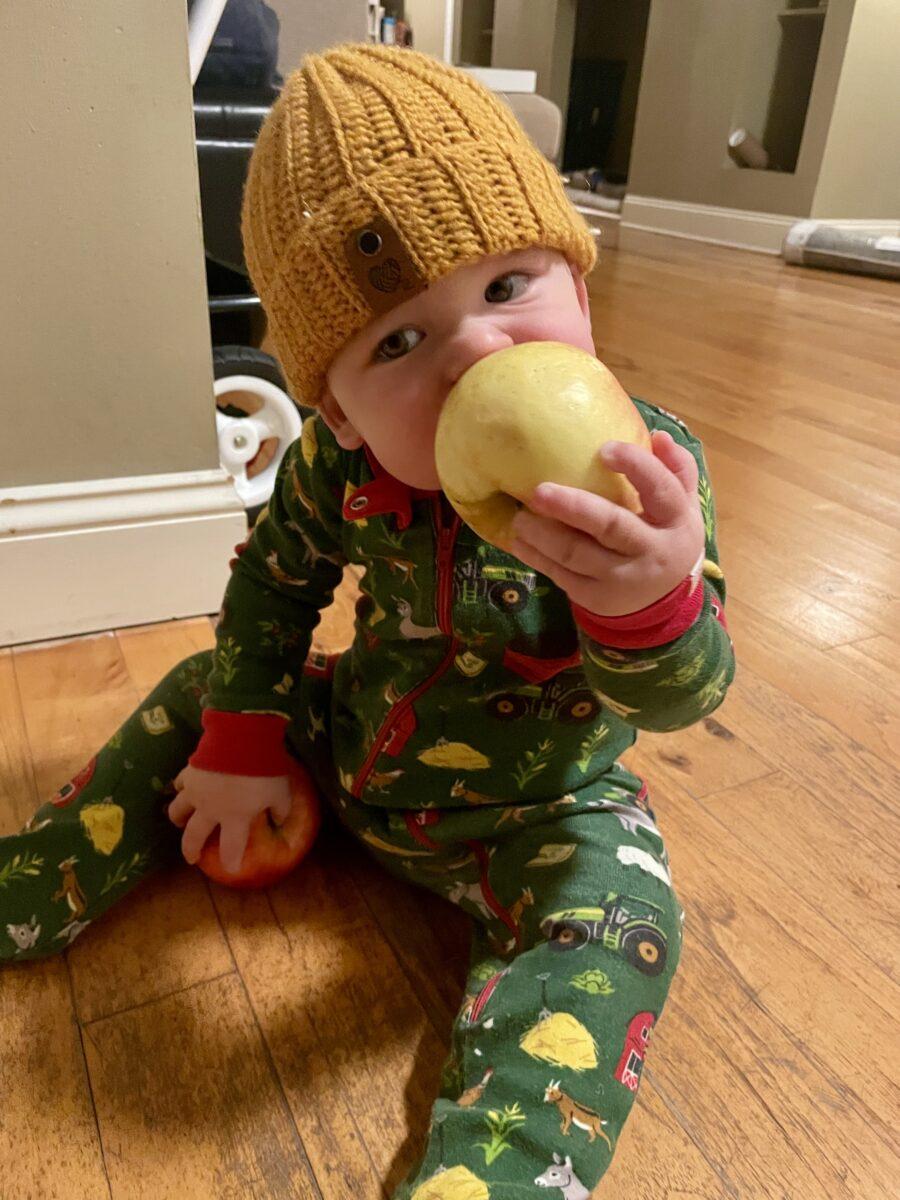 Baby teething on an apple