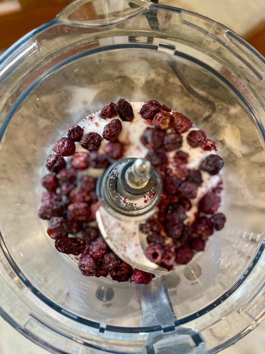 Blender with freeze-dried cherries and sugar